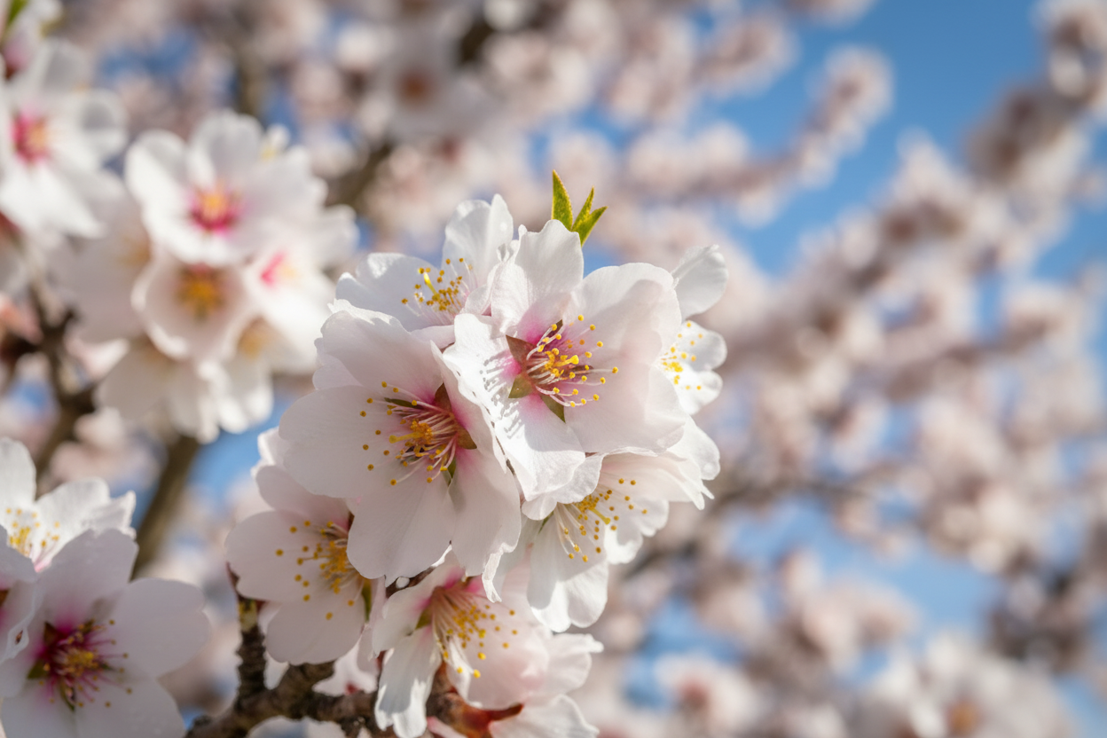 Almond tree blooms close-up