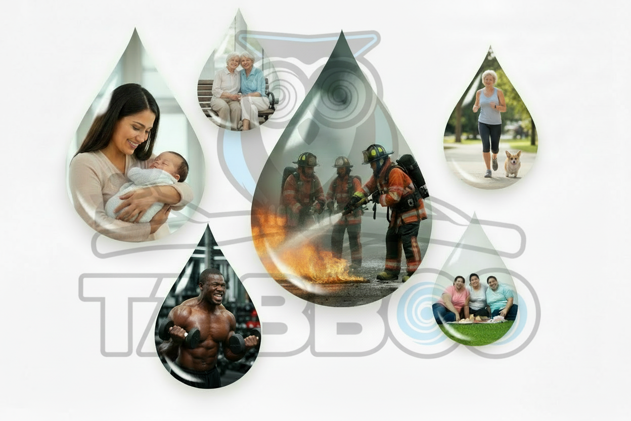 Diverse people in raindrop frames with Tabboo logo watermark
